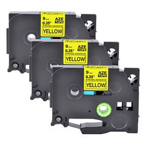 3PK TZe TZS621 Strong Adhesive Label for Brother PT-2400 Black on Yellow 3/8&#034;