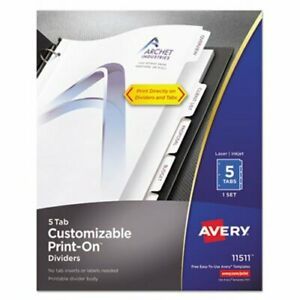 Avery Print-On Dividers, 5-Tab, 3-Hole Punched, 8-1/2 x 11, 1/Set (AVE11511)