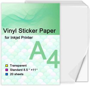 Printable Vinyl Sticker Paper for Inkjet Printer - Transparent Clear - 20...