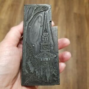 Vintage Letterpress Printing Block Congregation Entering Church Tall Steeple