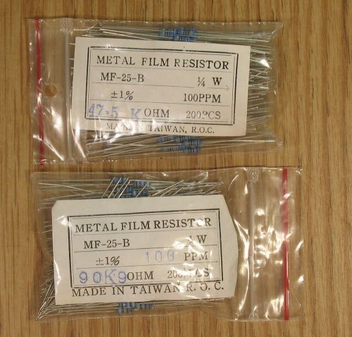 1/4 Watt 1% Metal Film Resistors:  47.5 kohm - 140 pcs., 90 kohm - 125 pcs.