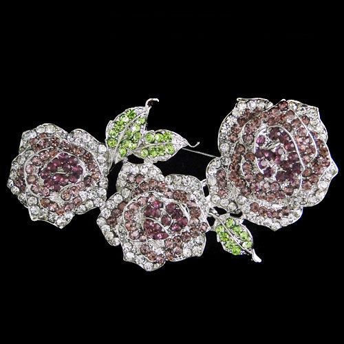 Triple flower rose pin brooch austrian crystal floral leaf purple for sale