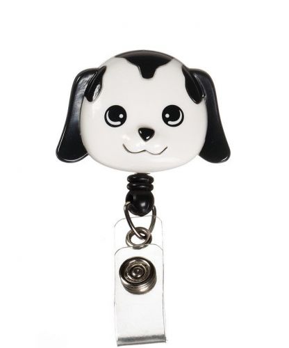 Retractable black white puppy dog medical badge delux 3-d id tag clip holder new for sale