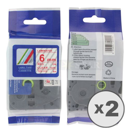 2pk Red on Transparent Tape Label Compatible for Brother P-Touch TZ TZe112 6mm