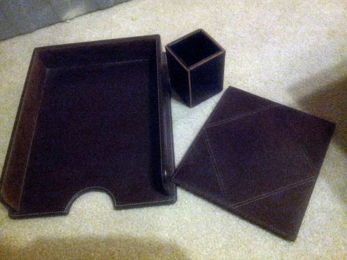 Brown Leather 3pc Desk Set