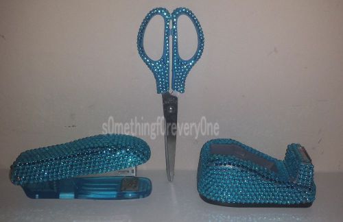 Bling blue rhinestone desk set stapler tape dispenser &amp; scissors for sale