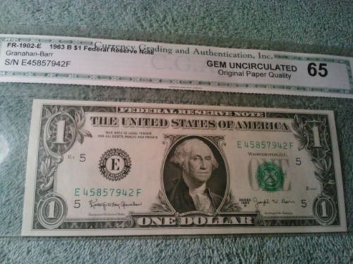 US 1963 $1 one Note -graded bank paper CGA 65 Gem Unc BU dollar VERY RARE