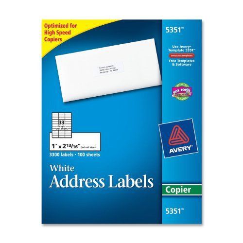 Avery white mailing labels - 1&#034; width x 2.81&#034; length - 3300 / box - (ave5351) for sale