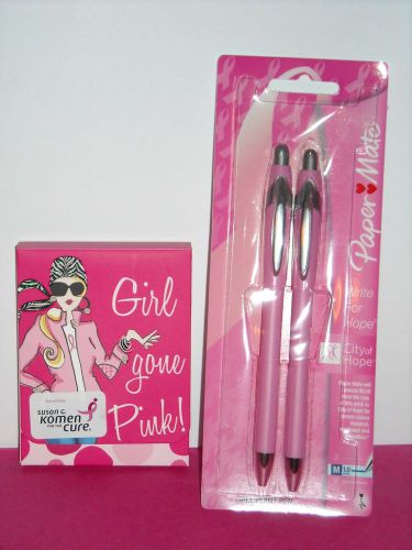 (#2515) &#034;Breast Cancer Awareness&#034; 2pk Pink PAPERMATE Pens &amp; 75 pg Mini Notebook