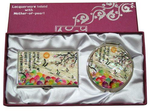 Nacre crane Business card holder ID case Makeup compact mirror gift set  #34-1