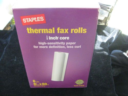 1 box of 5 new staples 1/2&#034; core thermal fax rolls 8-1/2&#034; x 60&#039; item 472645 for sale