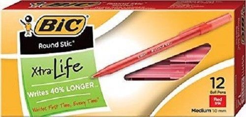 5 X BIC Round Stic Xtra Life Ball Pen, Medium Point, Red, 12-Count, 60 pens lot