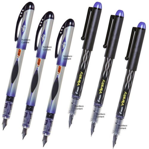 BIC &amp; Pilot Varsity Disposable Fountain Pens, Blue Ink, Set of 6 Pens