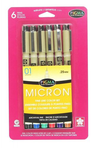 New sakura 30063 6-piece pigma micron assorted colors 01 ink pen set for sale