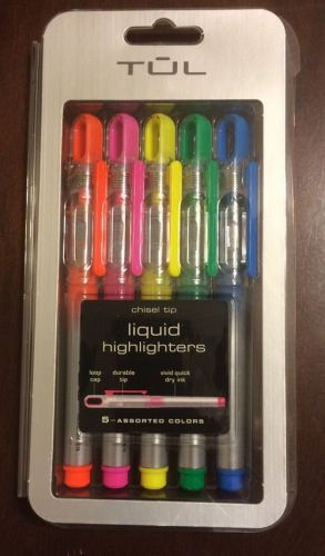 TUL Liquid Pocket Chisel Tip Highlighters, 5 Colored Highlighters- New.