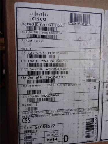 CISCO  WS - C3560X - 48PF - S  NEW OPEN BOX