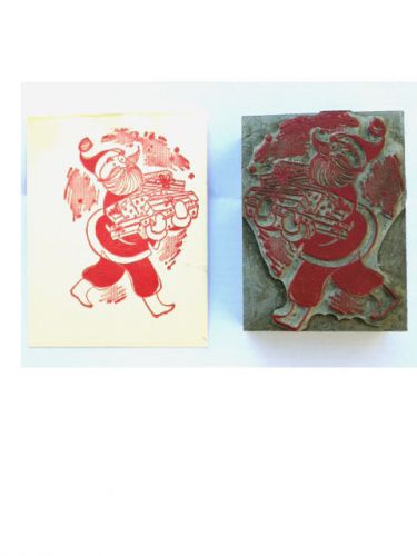 Vintage Letterpress Printing Cut Metal Block Retro Xmas Santa Carrying Presents