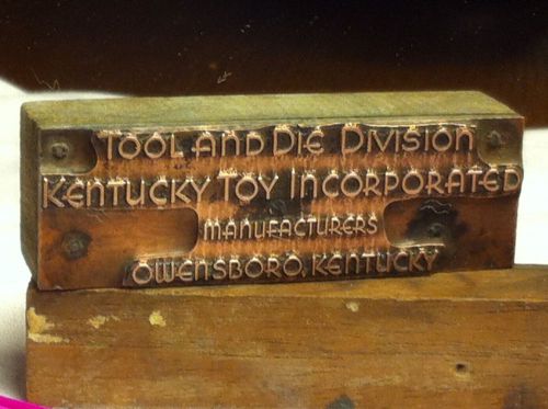 VINTAGE WOOD/COPPER &#034;KENTUCKY TOY INCORPORATED&#034; PRINTING PRESS BLOCK *J