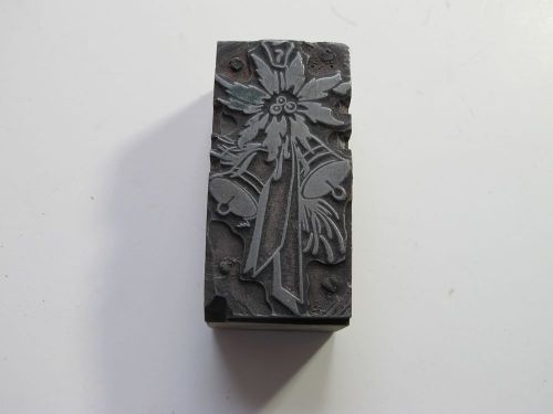 Vintage Print Press Printers Block of a Christmas Poinsettia Flower &amp; Bells