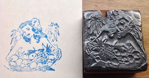 Vtg.Hawaii Girl with Flowers &amp; Fruit Basket  Letterpress Printing Printers Block