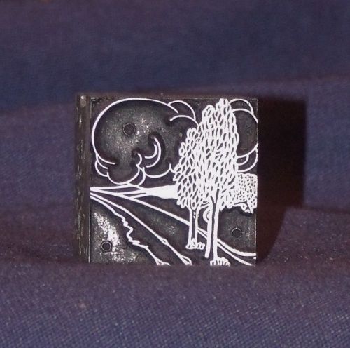 Vintage Metal Letterpress Printing Block- Trees and Clouds Scene Dingbat  Accent
