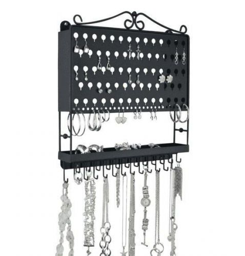 Wall Jewelry Organizer Earring Holder Hanging Necklace Storage Rack Metal Black