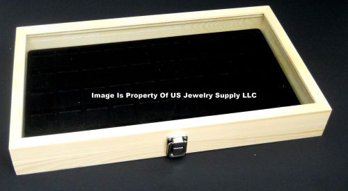 12 Natural Wood Glass Top Lid Black 50 Space Jewelry Display Box Cases