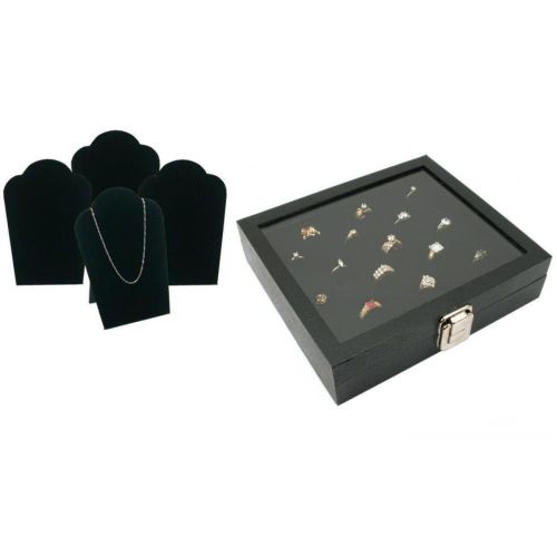 Velvet Necklace Easel &amp; Glass Lid Display Case W/ Ring Foam Insert Kit 6 Pcs
