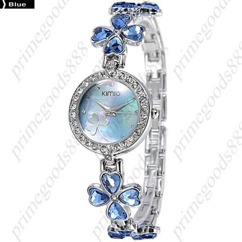 Lucky four leaf clover rhinestones bracelet lady ladies wristwatch women&#039;s blue for sale