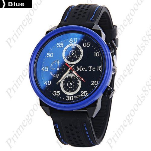 Rubber Band Black Face Sub Dials Quartz Men&#039;s Wristwatch Free Shipping Blue