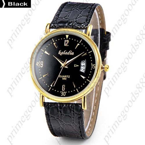 Thin Gold Date PU Leather Analog Quartz Wristwatch Lady Ladies Women&#039;s Black
