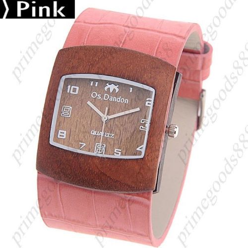Square Wood Wooden PU Leather Lady Ladies Wrist Quartz Wristwatch Women&#039;s Pink