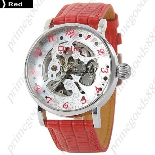 Self winding auto mechanical see through wrist analog men&#039;s wristwatch red for sale