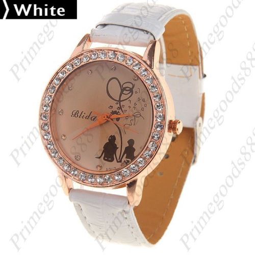 Round Synthetic Leather Rhinestones Quartz Wrist Wristwatch Women&#039;s White