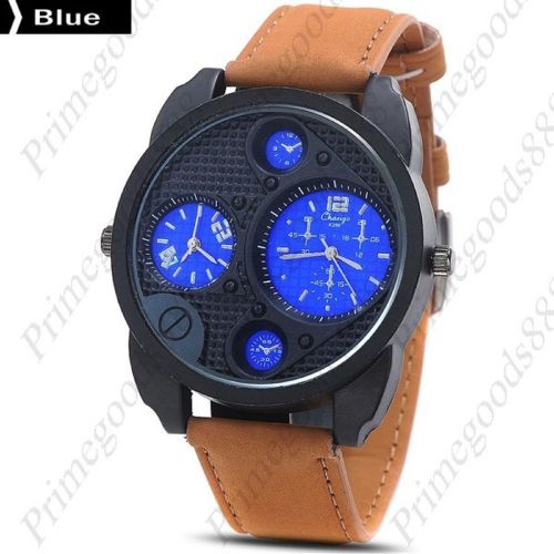 2 Time Zone Leather Strap Wrist Wristwatch Quartz Analog Men&#039;s Black Face Blue