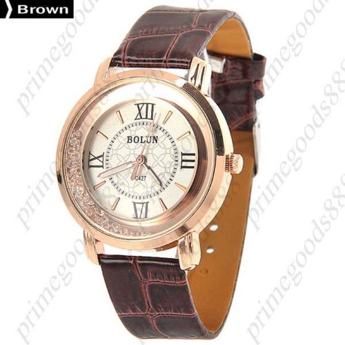 Loose Rhinestones PU Leather Analog Quartz Wrist Wristwatch Women&#039;s Brown