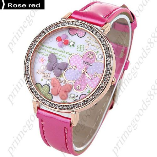 PU Leather Butterfly Quartz Wrist Wristwatch Free Shipping Women&#039;s Rose Red