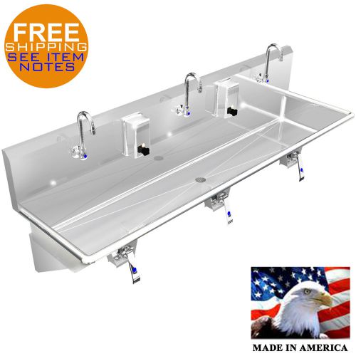 MULTI STATION 3 WASH UP HAND SINK 72&#034; KNEE VALVE STAINLESS STEEL MADE IN AMERICA