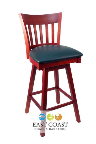 New gladiator cherry vertical back wooden swivel bar stool with green vinyl seat for sale
