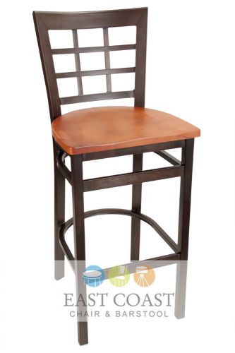 New gladiator rust powder coat window pane metal bar stool with cherry wood seat for sale