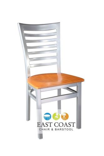 New gladiator silver full ladder back metal restaurant chair w/ cherry wood seat for sale