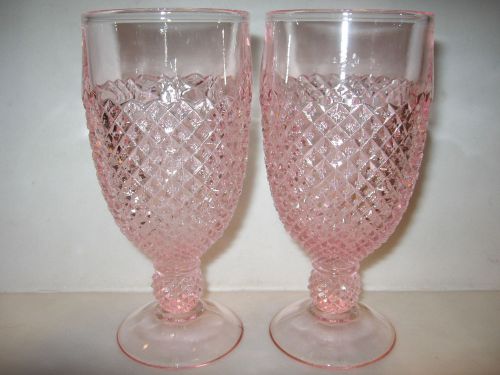 pair of Pink rose glass diamond pattern tumbler cups goblet wine glasses stemmed
