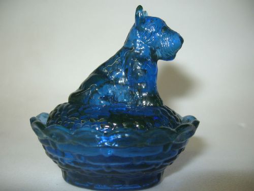 blue vaseline glass scottie dog salt cellar on nest / basket dip cobalt uranium
