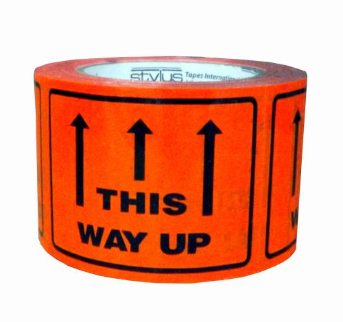 This Way Up Labels 100x75mm Fluoro Orange 50m roll. 35635