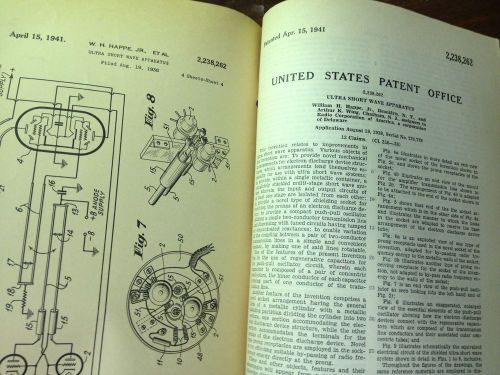 VINTAGE US UNITED STATES PATENT OFFICE ULTRA SHORT WAVE APPARATUS APR 1941