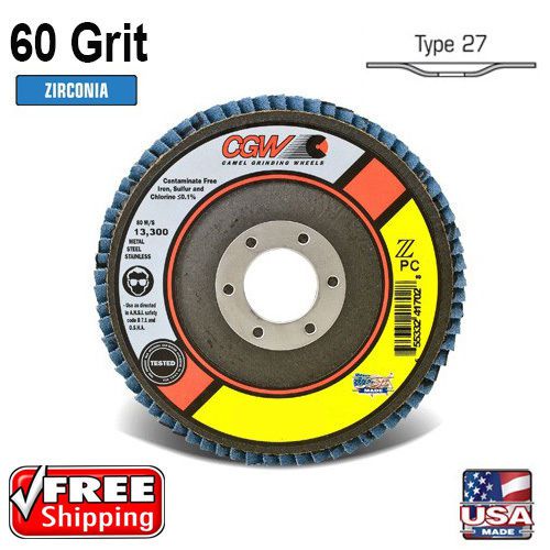 10 pack 60 grit cgw 4.5&#034; x 7/8&#034; zirconia flap discs camel grinding wheels 41704 for sale