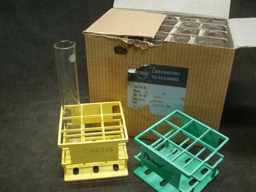 Lot 20 each 32 x 200mm pyrex heavy glass test tubes w/2 racks for sale