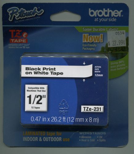 GENUINE Brother P-Touch 1/2&#034; x 26&#039; Black print on White tape Labeler TZe TZe-231