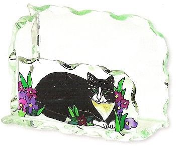 Joan Baker BLACK &amp; WHITE TUXEDO CAT Beveled Painted Glass Business Card Holder