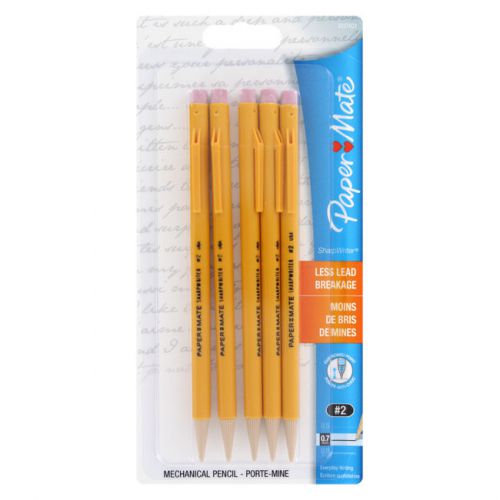 Paper Mate Sharpwriter Mechanical Pencils, 0.7 mm, Yellow Barrel, 5/Pack